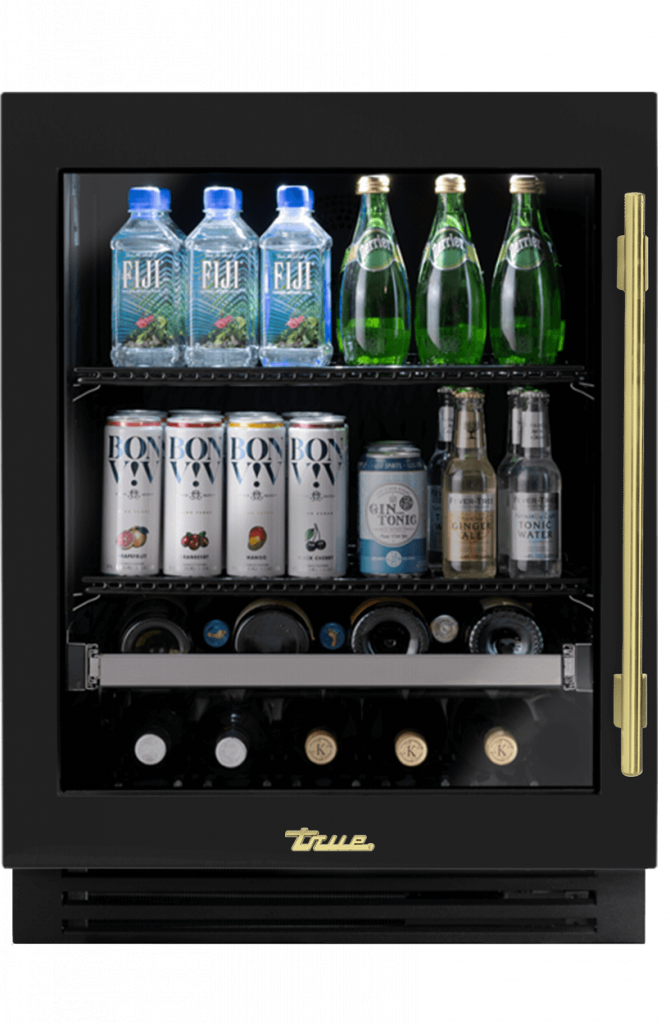 ADA Height Undercounter Beverage Center, Left Hinged, Gloss Black, Brass Hardware TUBADA24LGA044H01