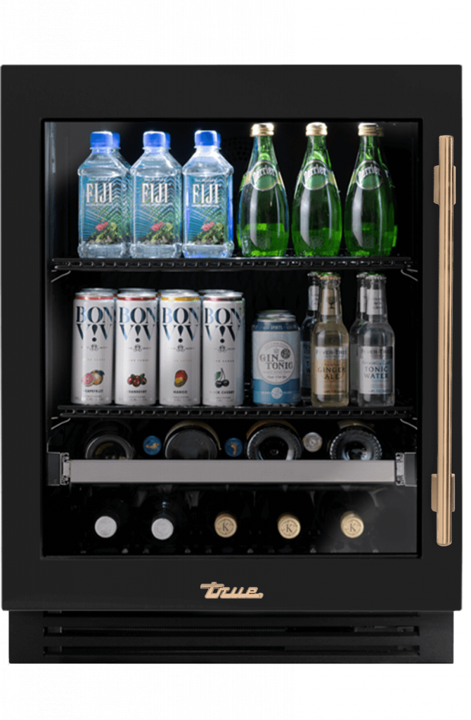 ADA Height Undercounter Beverage Center, Left Hinged, Gloss Black, Gold Hardware TUBADA24LGA044H08
