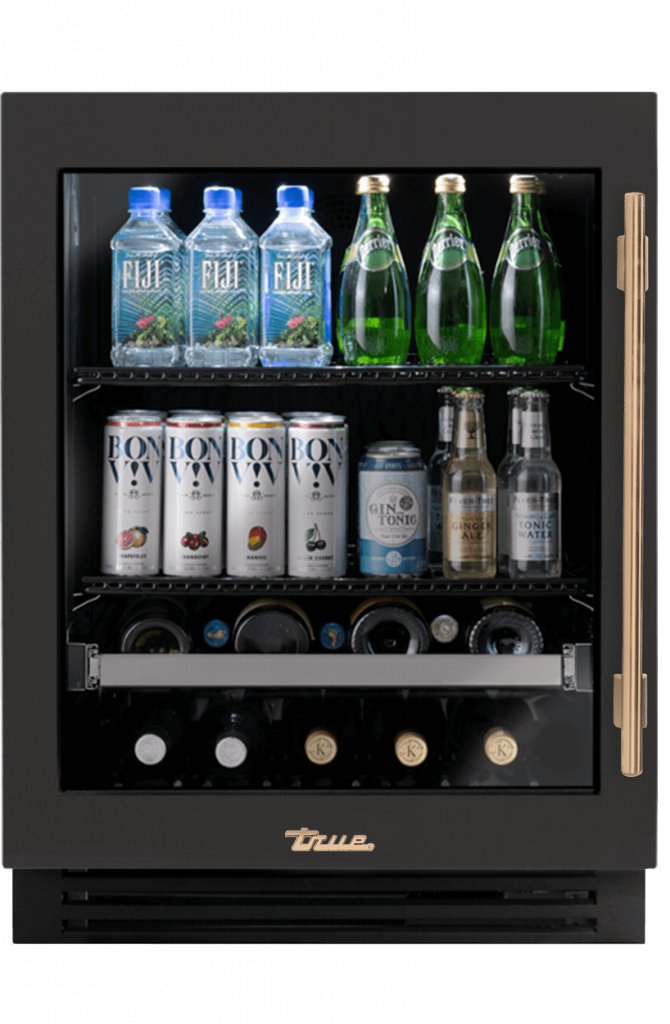 ADA Height Undercounter Beverage Center, Left Hinged, Ultra Matte Black, Gold Hardware TUBADA24LGA085H08