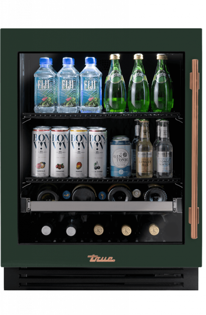 ADA Height Undercounter Beverage Center, Left Hinged, Emerald, Copper Hardware TUBADA24LGA086H03