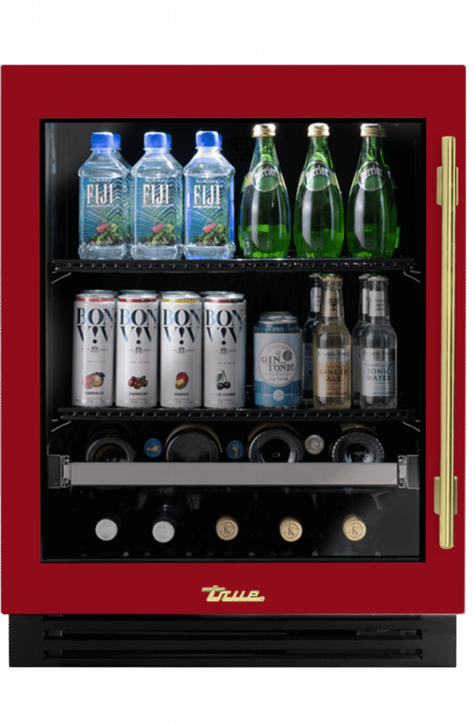 ADA Height Undercounter Beverage Center, Left Hinged, Crimson, Brass Hardware TUBADA24LGA193H01