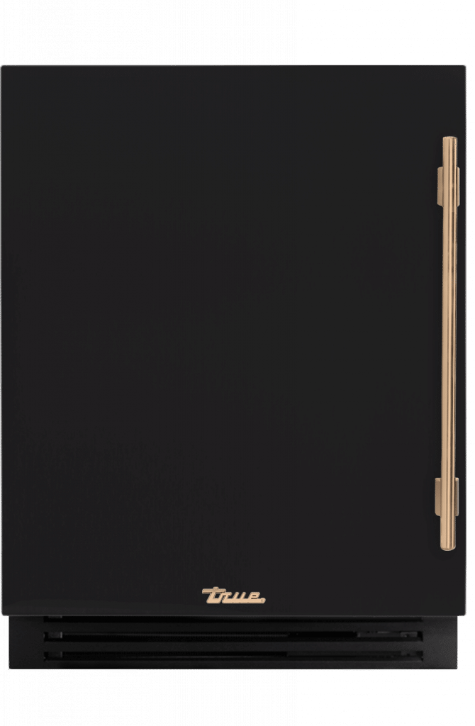 ADA Height Undercounter Beverage Center, Left Hinged, Matte Black, Gold Hardware TUBADA24LSA027H08