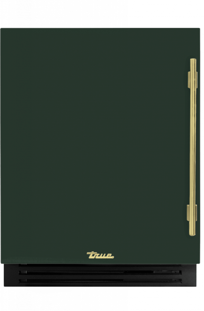 ADA Height Undercounter Beverage Center, Left Hinged, Emerald, Brass Hardware TUBADA24LSA086H01