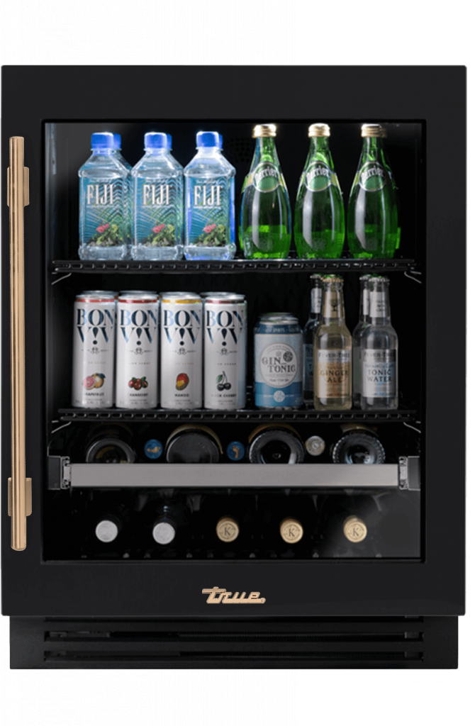 ADA Height Undercounter Beverage Center, Right Hinged, Matte Black, Gold Hardware TUBADA24RGA027H08