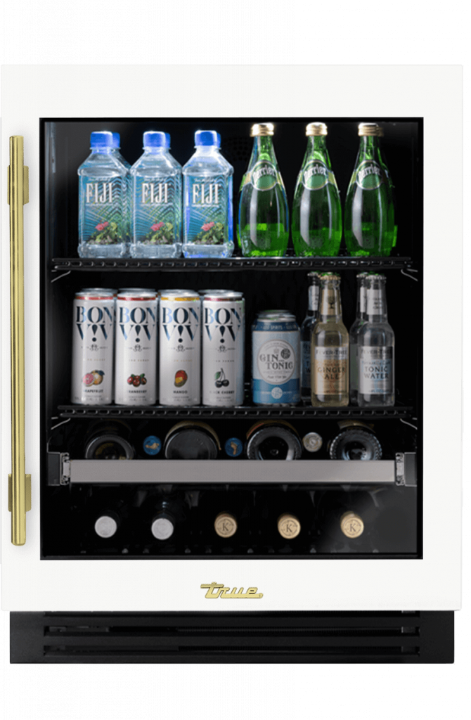 ADA Height Undercounter Beverage Center, Right Hinged, Matte White, Brass Hardware TUBADA24RGA030H01