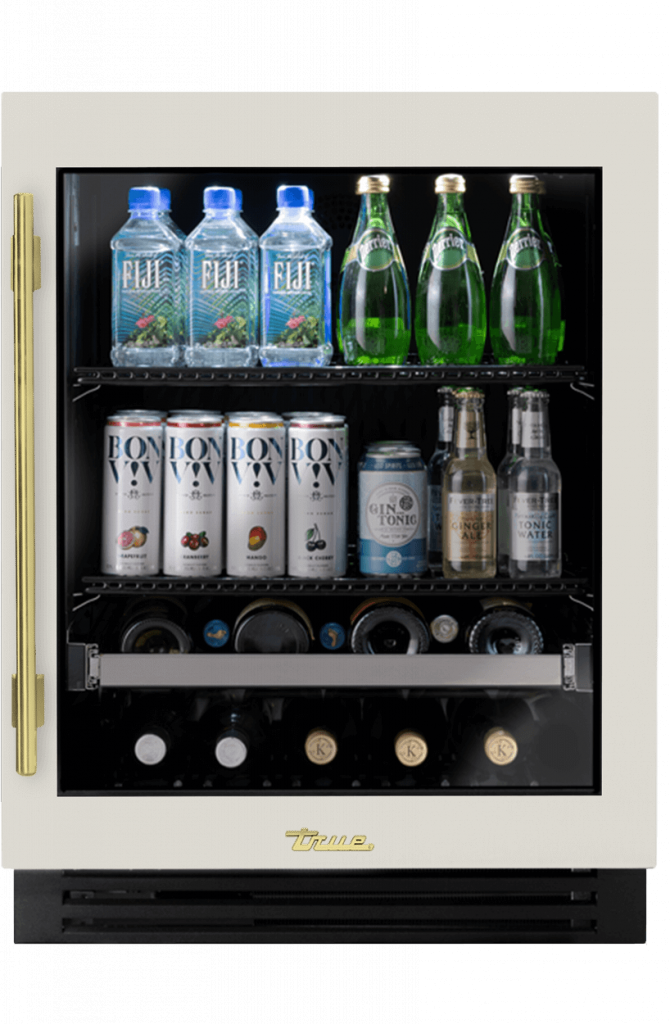 ADA Height Undercounter Beverage Center, Right Hinged, Antique White, Brass Hardware TUBADA24RGA050H01