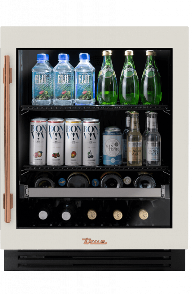 ADA Height Undercounter Beverage Center, Right Hinged, Antique White, Copper Hardware TUBADA24RGA050H03