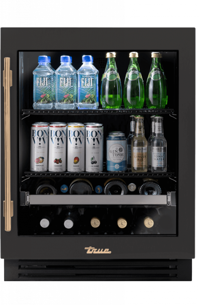ADA Height Undercounter Beverage Center, Right Hinged, Ultra Matte Black, Gold Hardware TUBADA24RGA085H08