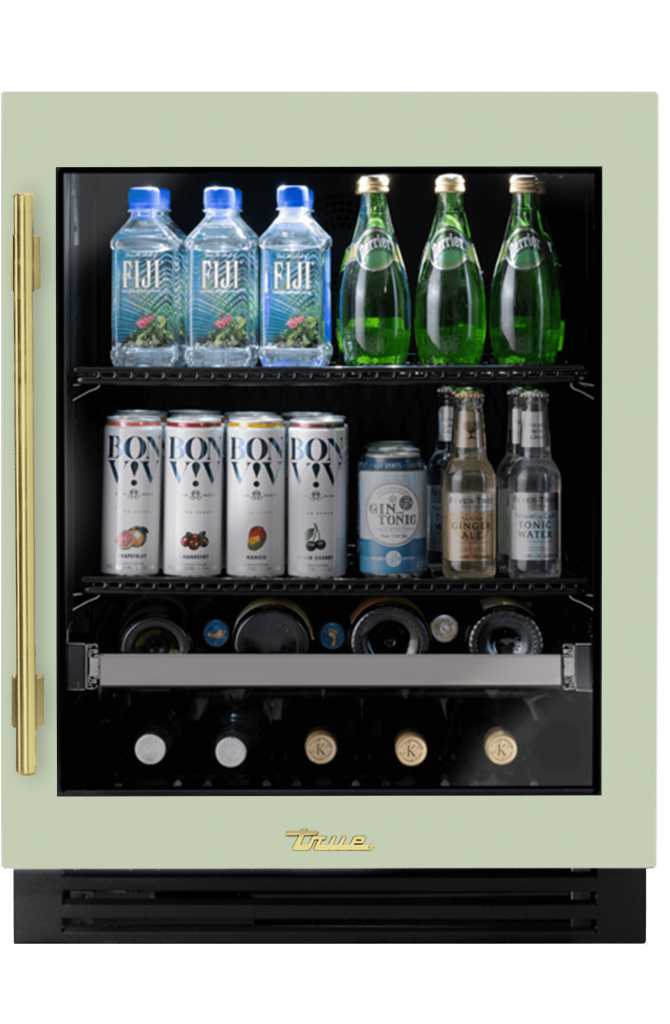 ADA Height Undercounter Beverage Center, Right Hinged, Sage, Brass Hardware TUBADA24RGA129H01