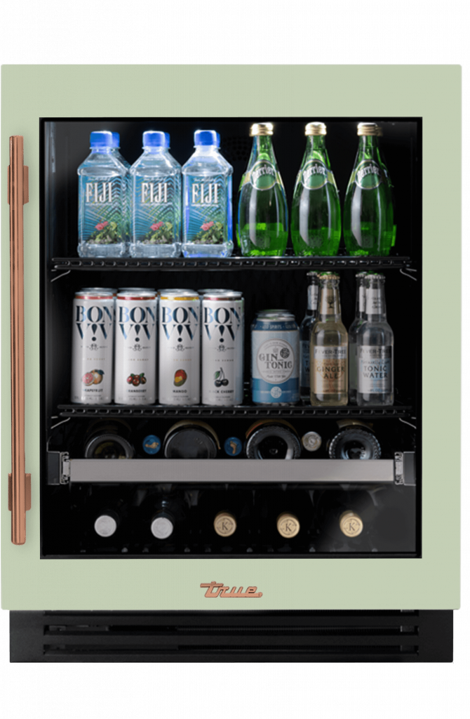 ADA Height Undercounter Beverage Center, Right Hinged, Sage, Copper Hardware TUBADA24RGA129H03