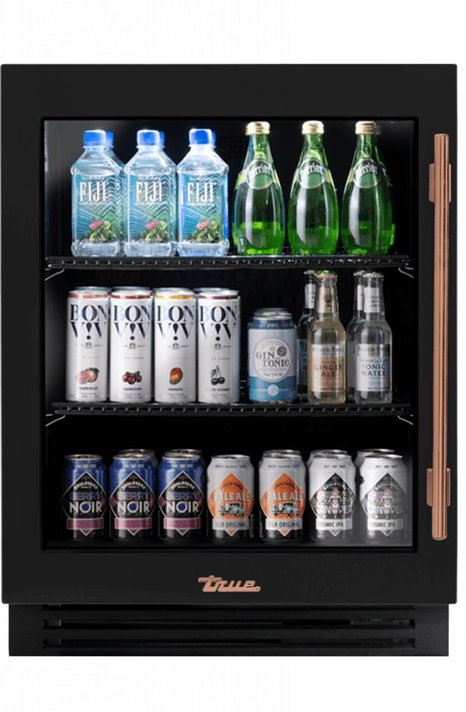 ADA Height Undercounter Refrigerator, Left Hinged, Matte Black, Copper Hardware TURADA24LGA027H03