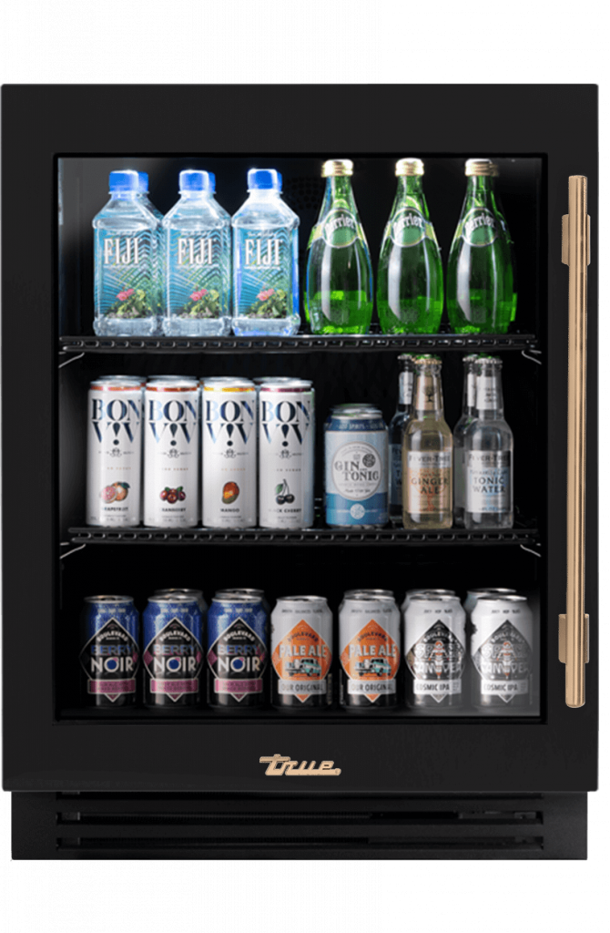 ADA Height Undercounter Refrigerator, Left Hinged, Matte Black, Gold Hardware TURADA24LGA027H08