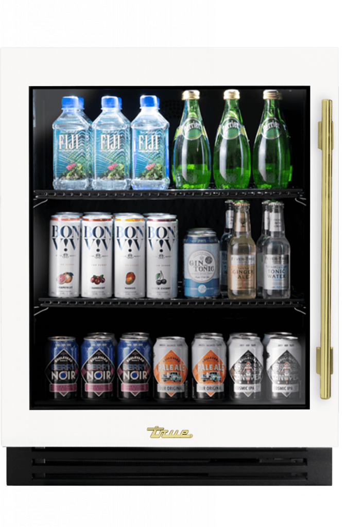 ADA Height Undercounter Refrigerator, Left Hinged, Matte White, Brass Hardware TURADA24LGA030H01