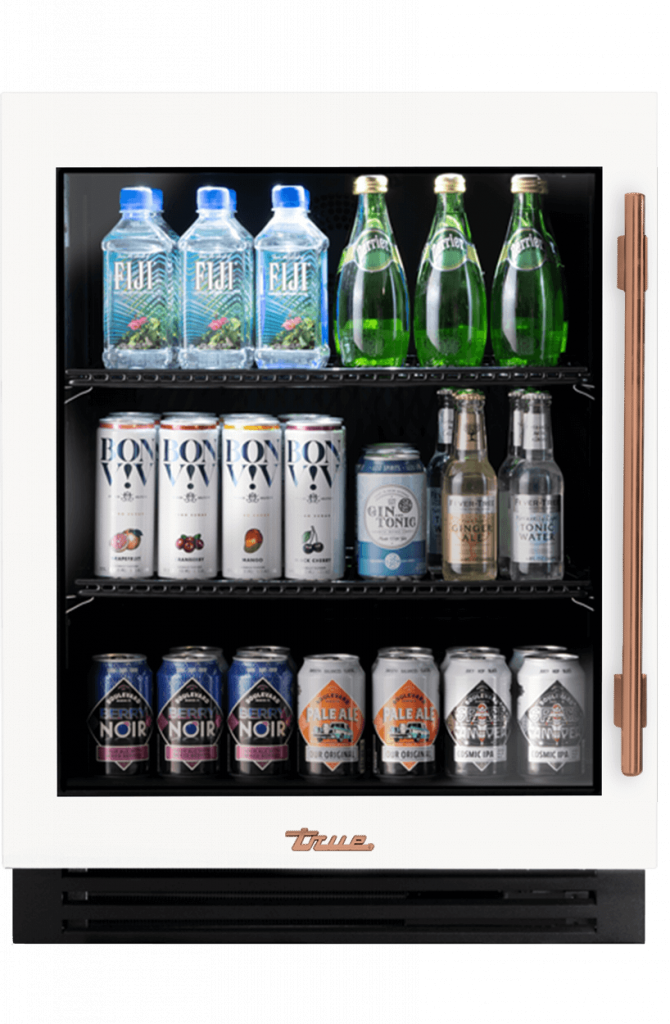ADA Height Undercounter Refrigerator, Left Hinged, Matte White, Copper Hardware TURADA24LGA030H03