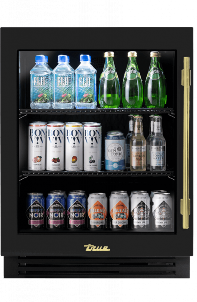 ADA Height Undercounter Refrigerator, Left Hinged, Gloss Black, Brass Hardware TURADA24LGA044H01