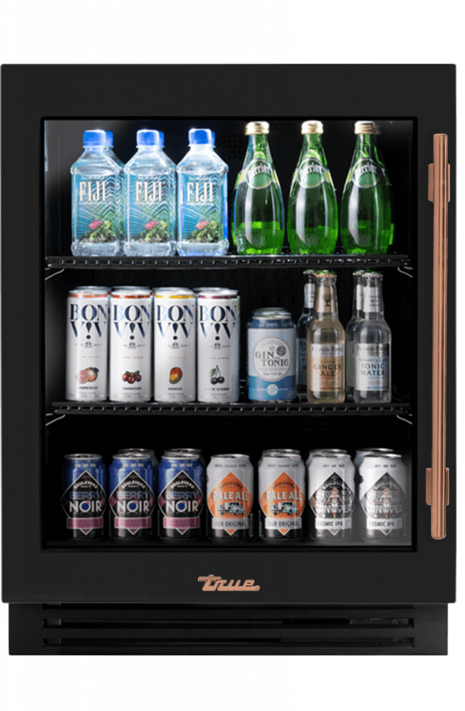 ADA Height Undercounter Refrigerator, Left Hinged, Gloss Black, Copper Hardware TURADA24LGA044H03