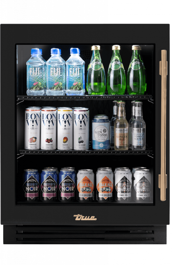 ADA Height Undercounter Refrigerator, Left Hinged, Gloss Black, Gold Hardware TURADA24LGA044H08
