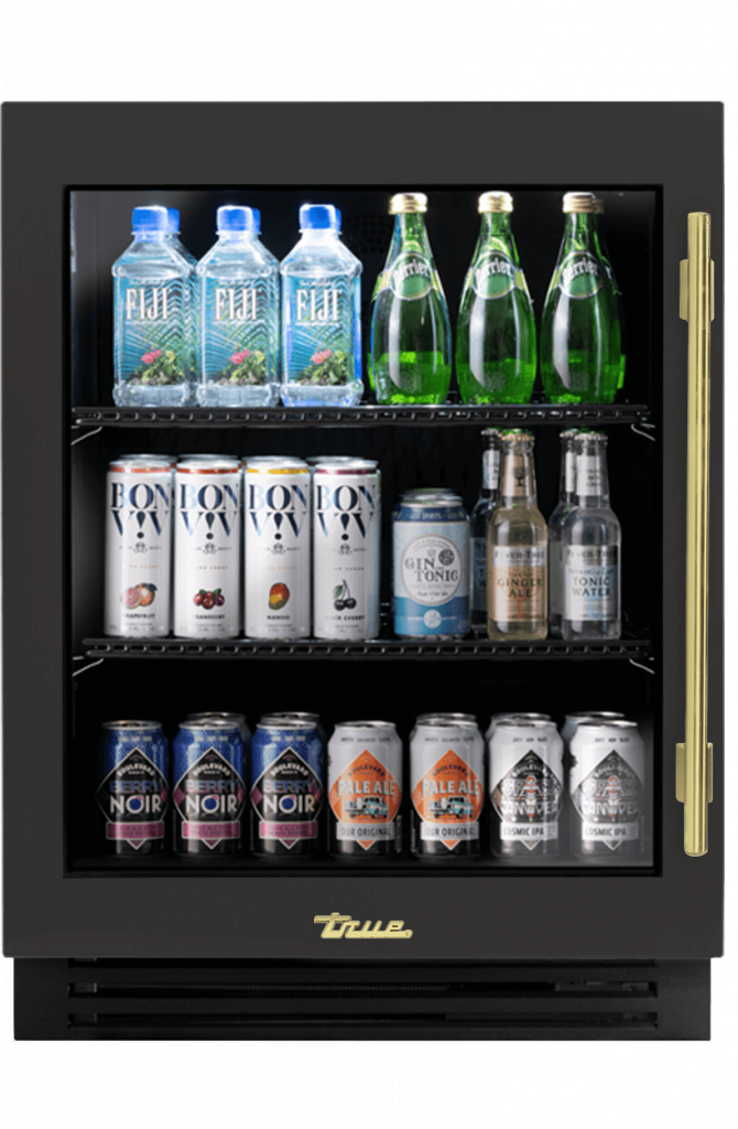 ADA Height Undercounter Refrigerator, Left Hinged, Ultra Matte Black, Brass Hardware TURADA24LGA085H01