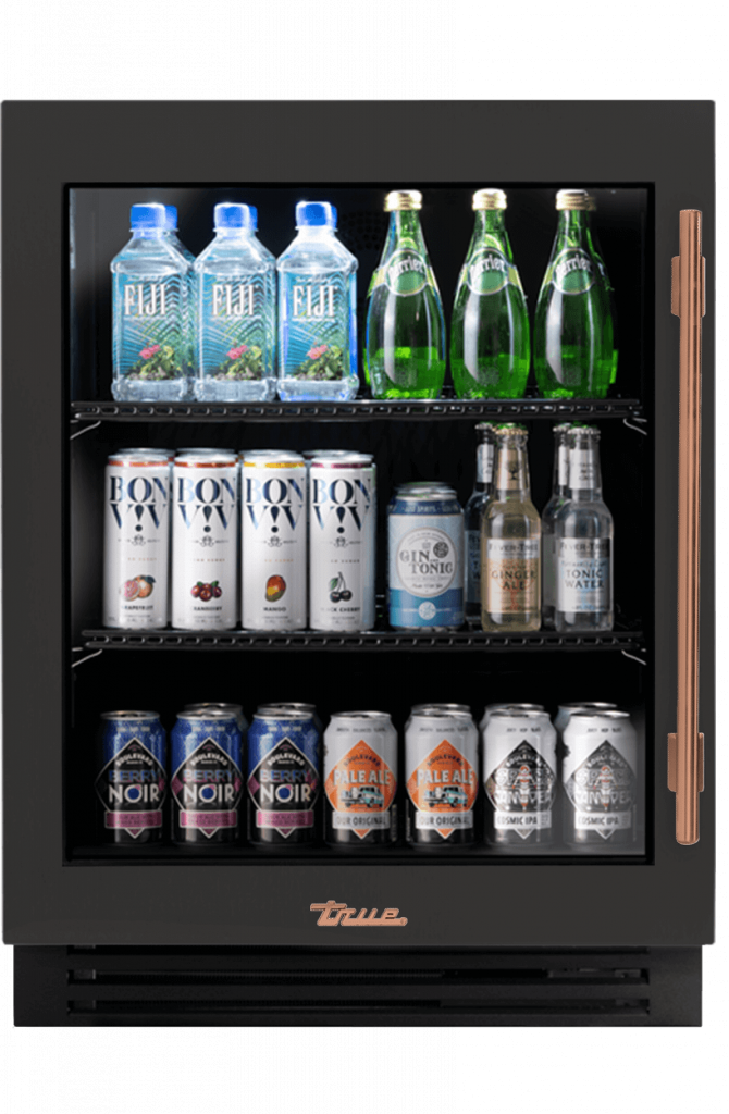 ADA Height Undercounter Refrigerator, Left Hinged, Ultra Matte Black, Copper Hardware TURADA24LGA085H03