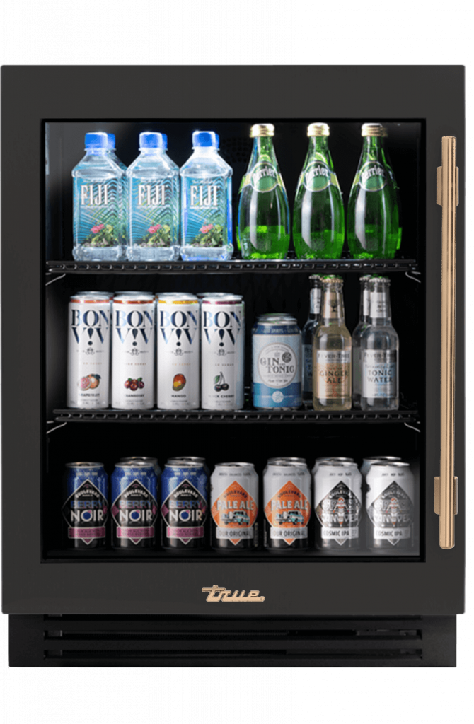 ADA Height Undercounter Refrigerator, Left Hinged, Ultra Matte Black, Gold Hardware TURADA24LGA085H08