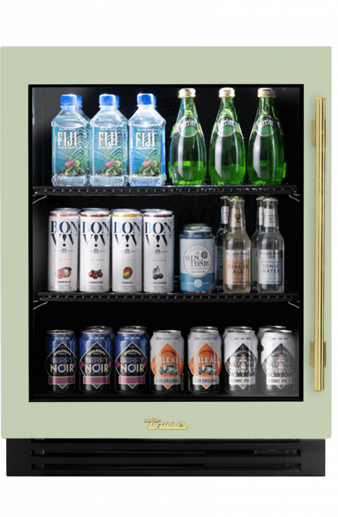 ADA Height Undercounter Refrigerator, Left Hinged, Sage, Brass Hardware TURADA24LGA129H01