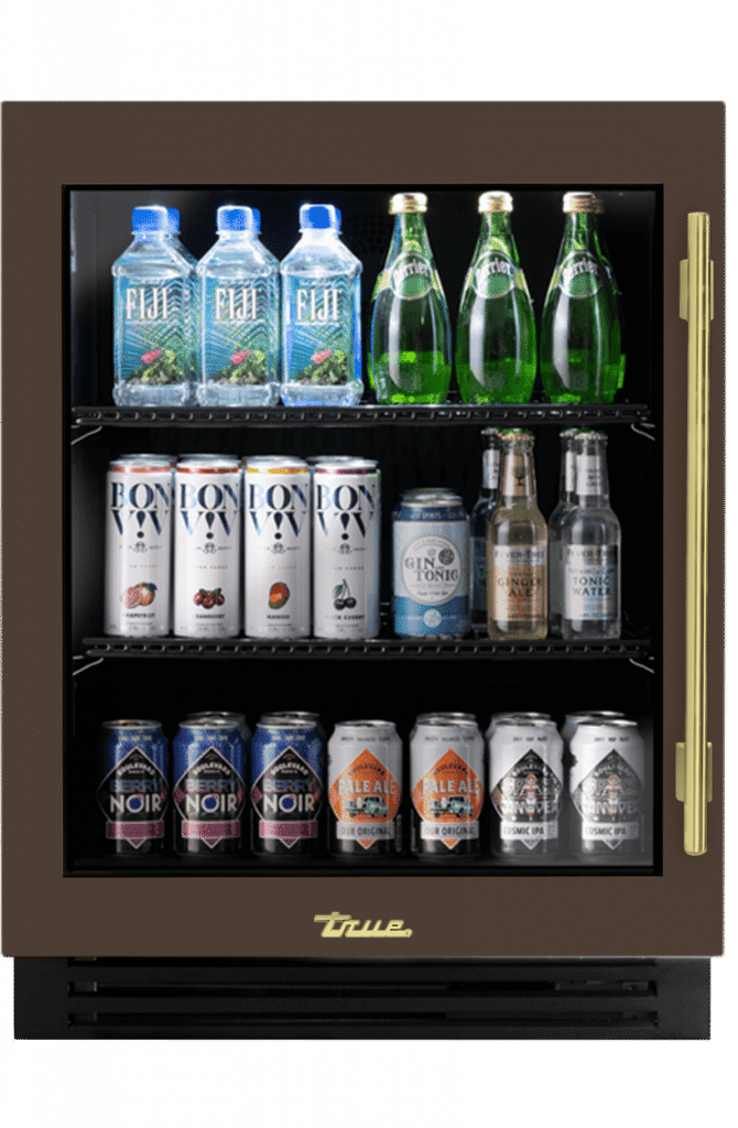 ADA Height Undercounter Refrigerator, Left Hinged, Espresso, Brass Hardware TURADA24LGA305H01