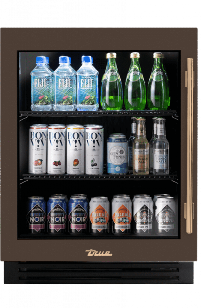 ADA Height Undercounter Refrigerator, Left Hinged, Espresso, Gold Hardware TURADA24LGA305H08