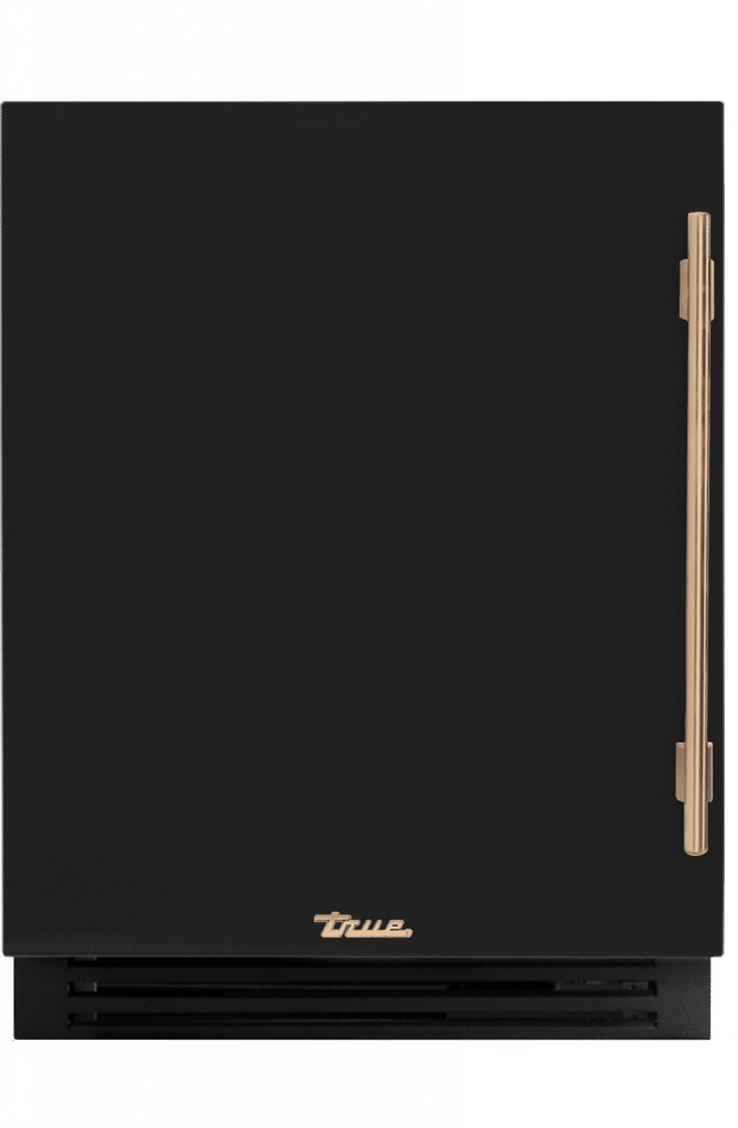ADA Height Undercounter Refrigerator, Left Hinged, Gloss Black, Gold Hardware TURADA24LSA044H08