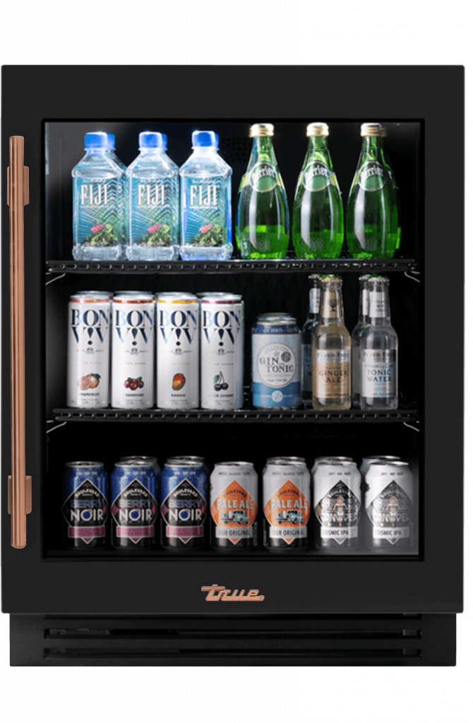 ADA Height Undercounter Refrigerator, Right Hinged, Gloss Black, Copper Hardware TURADA24RGA044H03