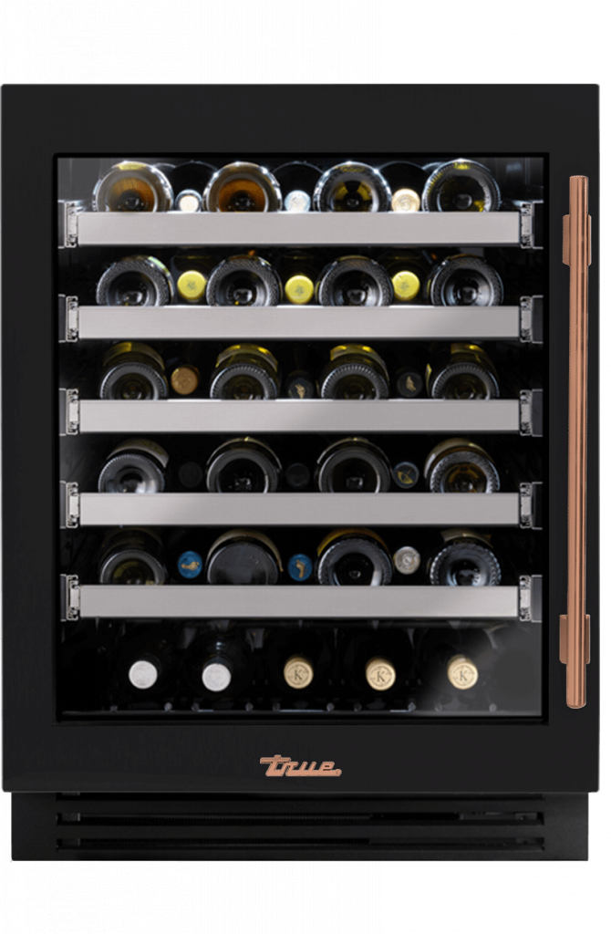 ADA Height Undercounter Wine Cabinet, Left Hinged, Matte Black, Copper Hardware TUWADA24LGA027H03