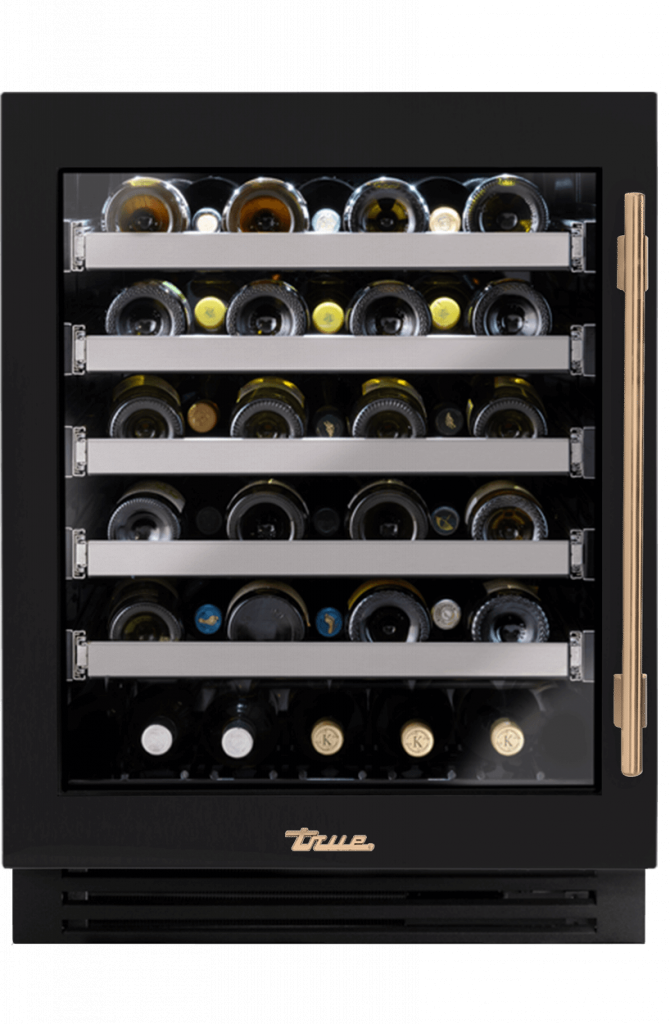 ADA Height Undercounter Wine Cabinet, Left Hinged, Matte Black, Gold Hardware TUWADA24LGA027H08