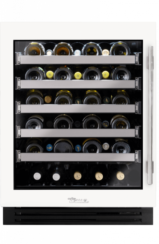 ADA Height Undercounter Wine Cabinet, Left Hinged, Matte White, Brass Hardware TUWADA24LGA030H01