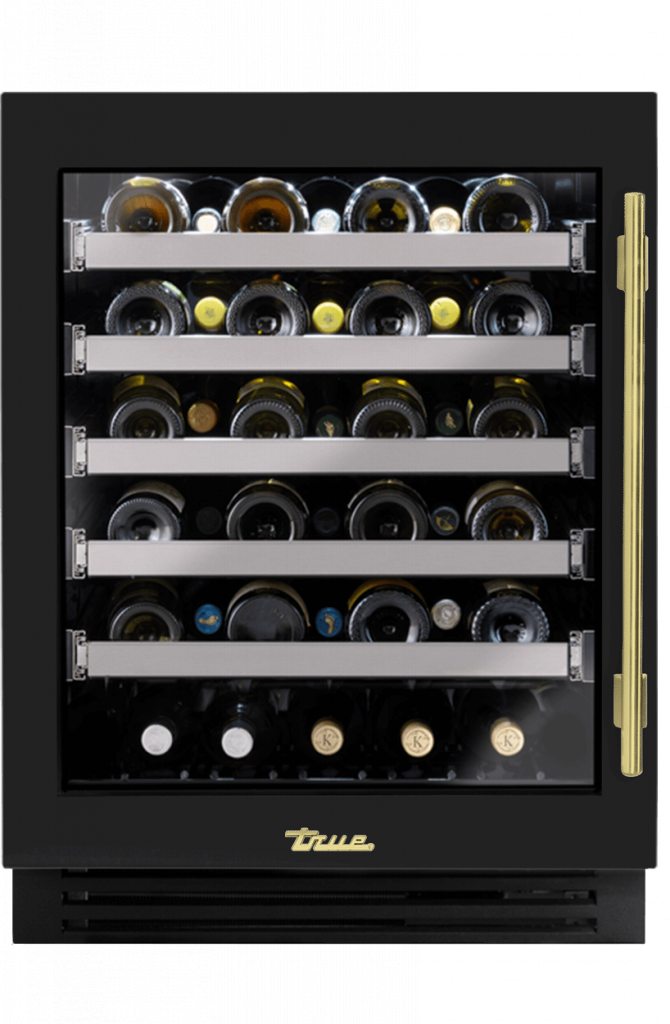 ADA Height Undercounter Wine Cabinet, Left Hinged, Gloss Black, Brass Hardware TUWADA24LGA044H01