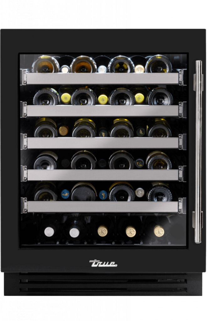ADA Height Undercounter Wine Cabinet, Left Hinged, Gloss Black, Chrome Hardware TUWADA24LGA044H02