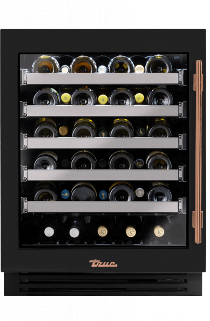 ADA Height Undercounter Wine Cabinet, Left Hinged, Gloss Black, Copper Hardware TUWADA24LGA044H03