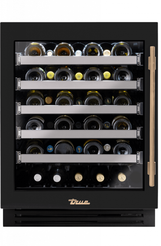 ADA Height Undercounter Wine Cabinet, Left Hinged, Gloss Black, Gold Hardware TUWADA24LGA044H08