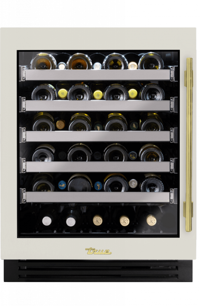 ADA Height Undercounter Wine Cabinet, Left Hinged, Antique White, Brass Hardware TUWADA24LGA050H01
