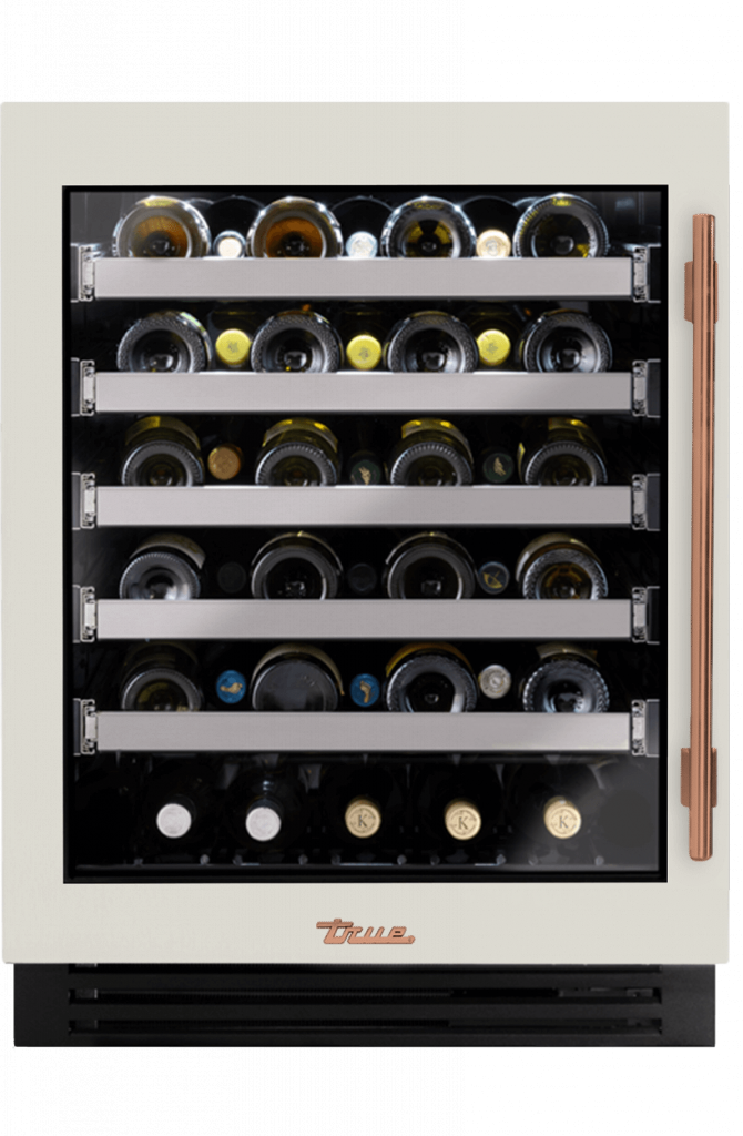 ADA Height Undercounter Wine Cabinet, Left Hinged, Antique White, Copper Hardware TUWADA24LGA050H03
