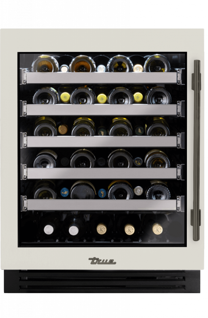 ADA Height Undercounter Wine Cabinet, Left Hinged, Antique White, Pewter Hardware TUWADA24LGA050H05