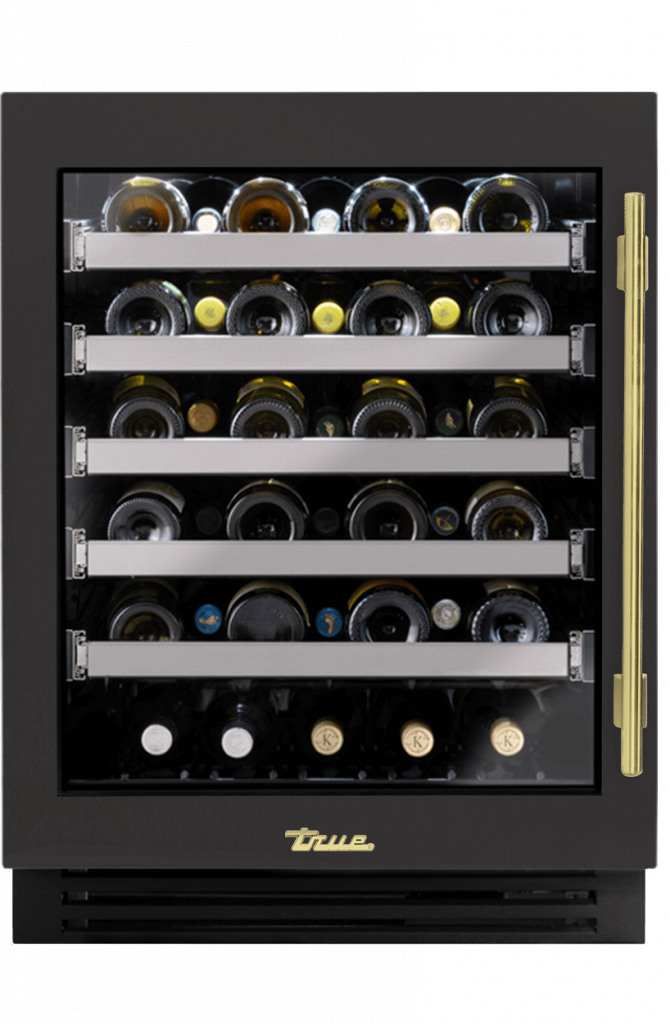ADA Height Undercounter Wine Cabinet, Left Hinged, Ultra Matte Black, Brass Hardware TUWADA24LGA085H01