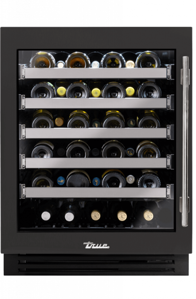 ADA Height Undercounter Wine Cabinet, Left Hinged, Ultra Matte Black, Chrome Hardware TUWADA24LGA085H02