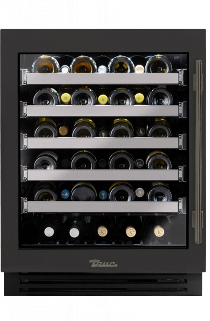 ADA Height Undercounter Wine Cabinet, Left Hinged, Ultra Matte Black, Pewter Hardware TUWADA24LGA085H05