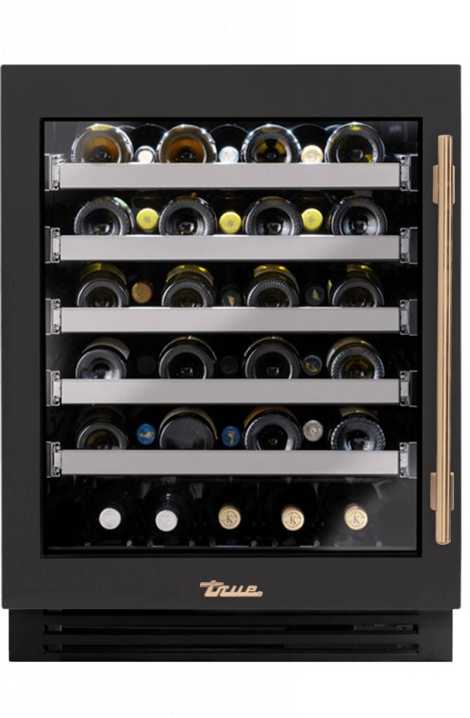 ADA Height Undercounter Wine Cabinet, Left Hinged, Ultra Matte Black, Gold Hardware TUWADA24LGA085H08