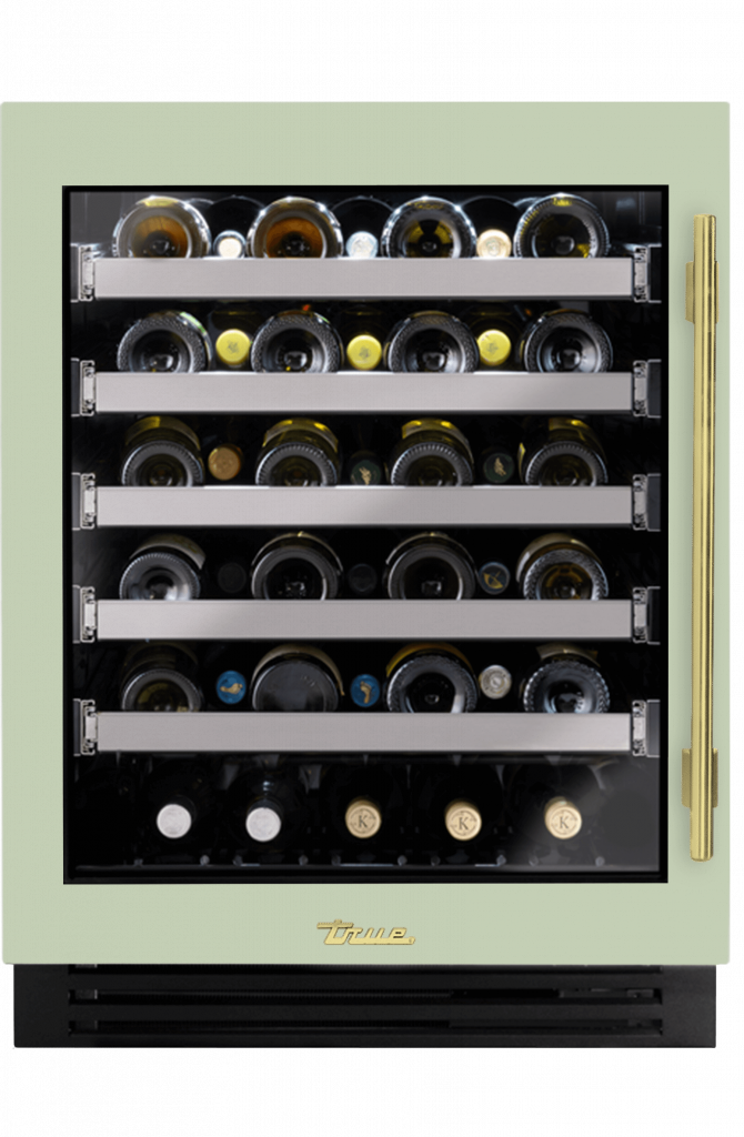 ADA Height Undercounter Wine Cabinet, Left Hinged, Sage, Brass Hardware TUWADA24LGA129H01
