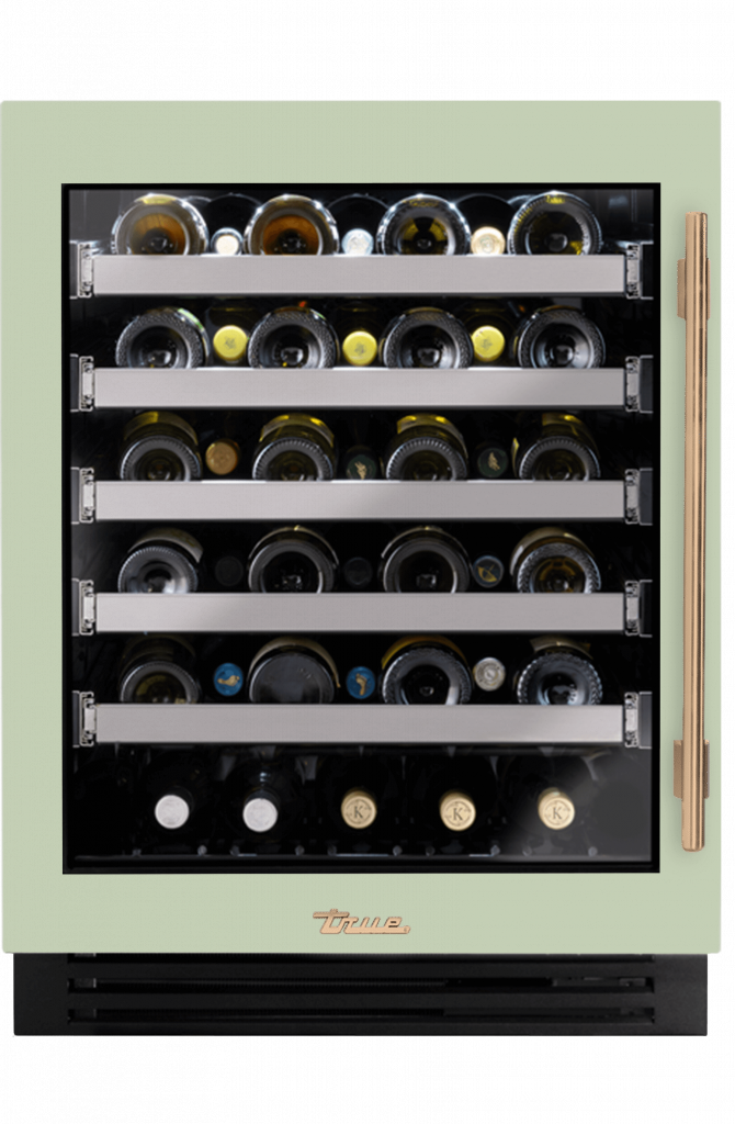 ADA Height Undercounter Wine Cabinet, Left Hinged, Sage, Gold Hardware TUWADA24LGA129H08