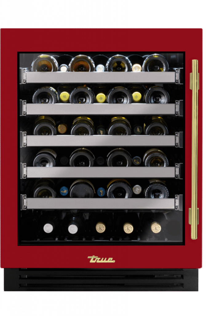 ADA Height Undercounter Wine Cabinet, Left Hinged, Crimson, Brass Hardware TUWADA24LGA193H01