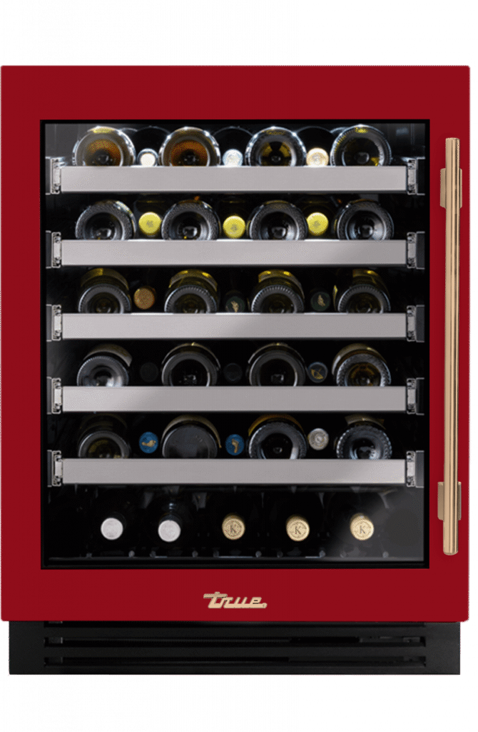 ADA Height Undercounter Wine Cabinet, Left Hinged, Crimson, Gold Hardware TUWADA24LGA193H08