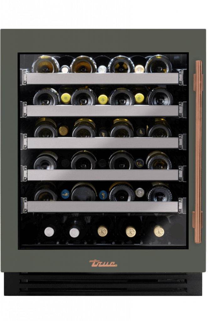 ADA Height Undercounter Wine Cabinet, Left Hinged, Olive, Copper Hardware TUWADA24LGA238H03
