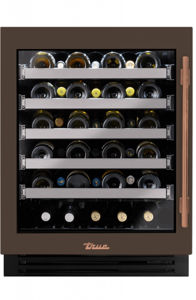 ADA Height Undercounter Wine Cabinet, Left Hinged, Espresso, Copper Hardware TUWADA24LGA305H03