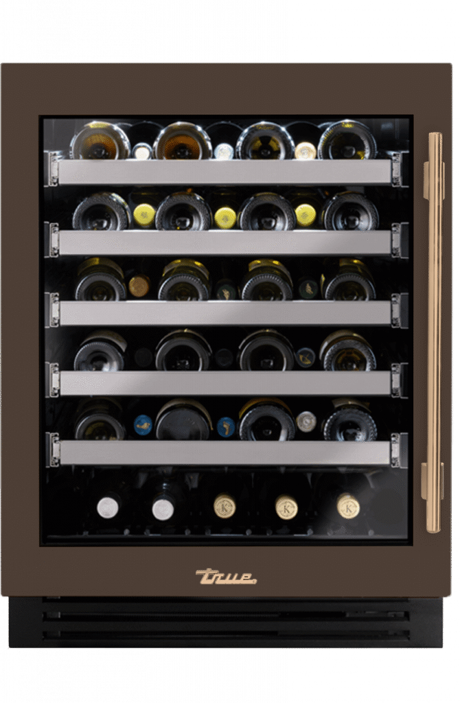 ADA Height Undercounter Wine Cabinet, Left Hinged, Espresso, Gold Hardware TUWADA24LGA305H08